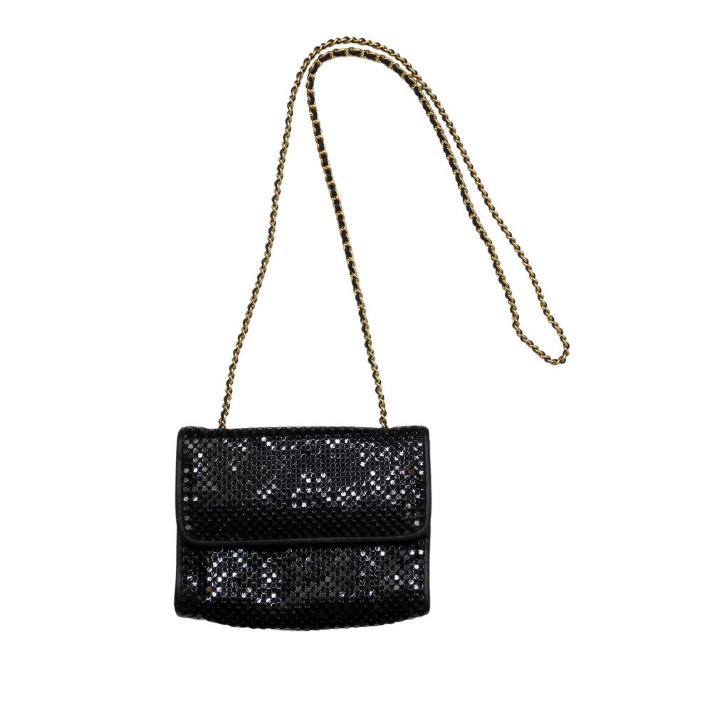 1980s Vintage Whiting & Davis Black Chainmail Evening Bag Gold Chain Crossbody